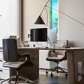 Modern Wooden Office Desk With Computer Monitor Desk Lamp Black Leather Chair And Wheeled Chair
