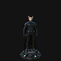 Detailed Game and Movie Character With Black Armored Suit Helmet Cape and Blue Tech Accents