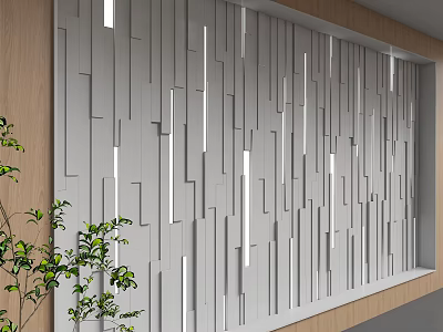 Modern Gray Striped Interior Wall Design With Wooden Border And Green Plants Accent 3d model