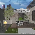 Modern Garden Landscape With Green Trees Outdoor Seating Evening Lighting Stone Pathway And Water Feature