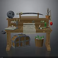 Adventurer Themed Wooden Table With Skull Sword Map Scroll And Treasure Chest