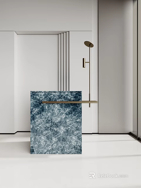 Modern Reception Desk With Blue Marble Texture And Stylish Floor Lamp 3d model 