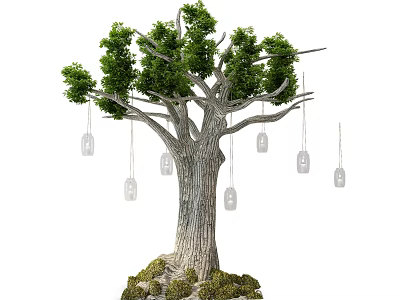 Tall Arbor With Thick Trunk Green Foliage Hanging Lanterns And Mossy Stones 3d model