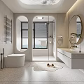 Modern Bathroom Interior with Freestanding Bathtub Round Mirror Vanity and Shower Area