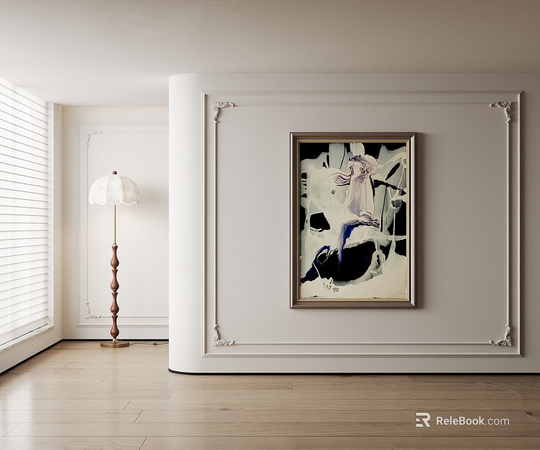 Artistic Oil Painting On White Wall With Decorative Moldings Floor Lamp And Wooden Floor 3d model 