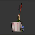 Japanese Ramen Bowl with Chopsticks Noodles and Red Circle Design Surrounded by Blue Flowers