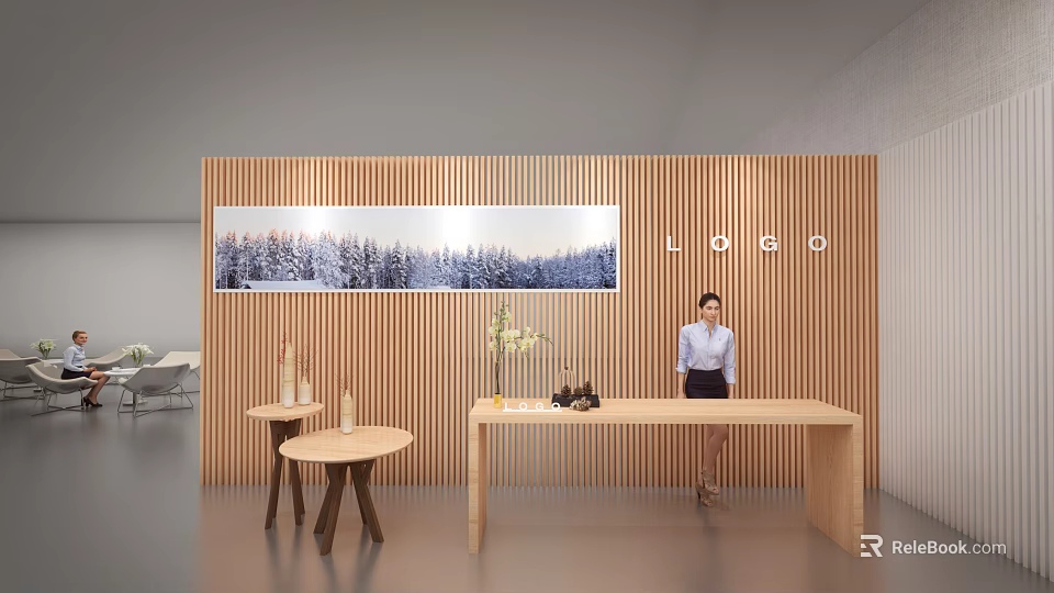 Modern Reception Desk Interior Featuring Wooden Slat Wall Snowy Forest Painting And Female Receptionist 3d model 