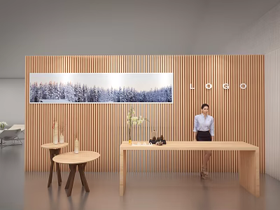 Modern Reception Desk Interior Featuring Wooden Slat Wall Snowy Forest Painting And Female Receptionist 3d model