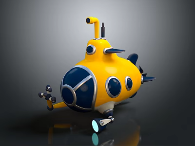 Cartoon Yellow Submarine With Blue Windows Mechanical Arm And Glowing Light 3d model