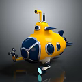 Cartoon Yellow Submarine With Blue Windows Mechanical Arm And Glowing Light