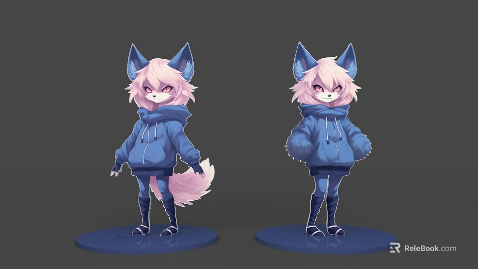 Cute Fox Character in Blue Hoodie Pink Hair White Tail from Two Angles on Base 3d model 