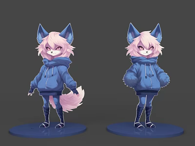 Cute Fox Character in Blue Hoodie Pink Hair White Tail from Two Angles on Base 3d model