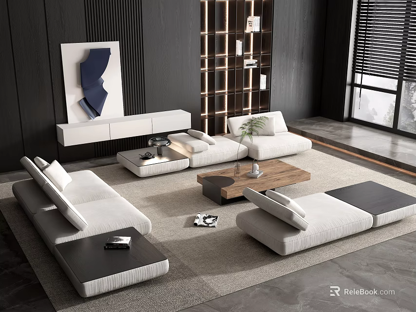 Minimalist Living Room Sofa Coffee Table Set With Beige Fabric And Wooden Table Top 3d model 