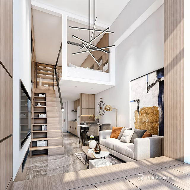 Modern Loft Apartment With Wooden Staircase Living Room Sofa Coffee Table And Artwork 3d model 