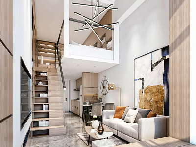 Modern Loft Apartment With Wooden Staircase Living Room Sofa Coffee Table And Artwork 3d model