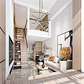 Modern Loft Apartment With Wooden Staircase Living Room Sofa Coffee Table And Artwork