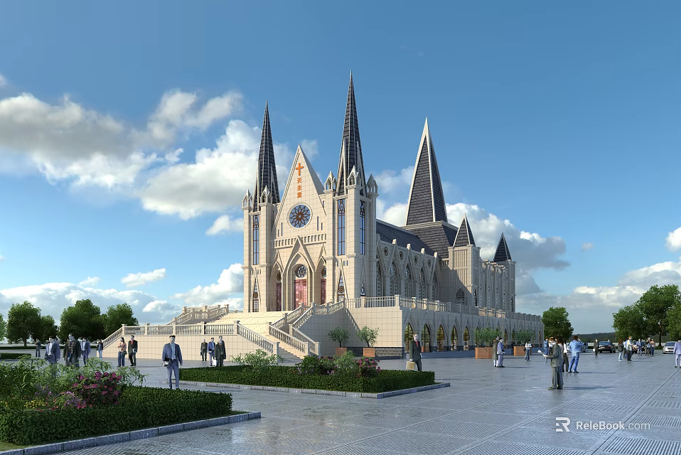 European Architecture With Tall Spires Pointed Towers Spacious Plaza And Lush Greenery Under Blue Sky 3d model 