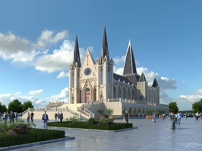 European Architecture With Tall Spires Pointed Towers Spacious Plaza And Lush Greenery Under Blue Sky 3d model