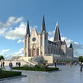 European Architecture With Tall Spires Pointed Towers Spacious Plaza And Lush Greenery Under Blue Sky