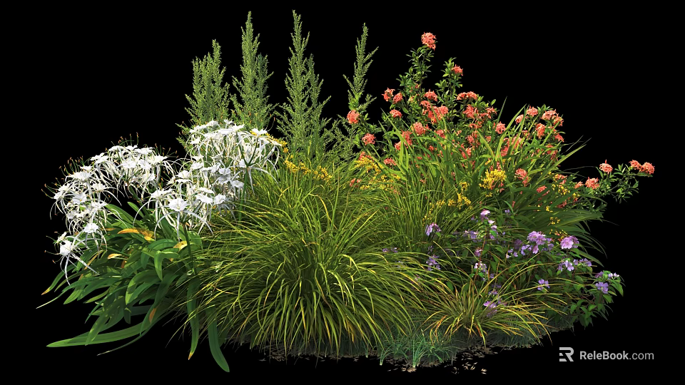 Vibrant Garden Shrubs With Red White Purple Flowers And Green Foliage 3d model 