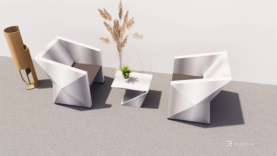 Modern Geometric Table and Chair Set With Small Coffee Table Potted Plant and Pampas Grass 3d model 
