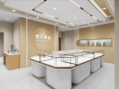 ChangAn Gold Jewelry Store Interior With Elegant Marble Counters And Glass Display Cases 3d model