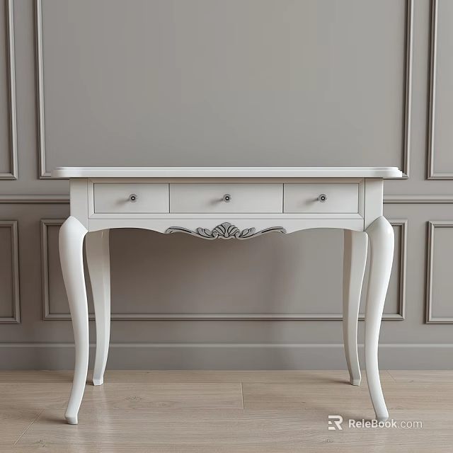 White Console Table with Three Drawers Curved Legs Ornate Detailing Against Gray Wall Wooden Floor 3d model 