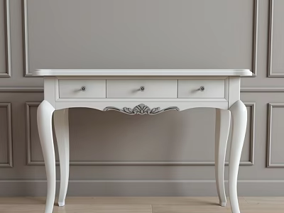 White Console Table with Three Drawers Curved Legs Ornate Detailing Against Gray Wall Wooden Floor 3d model