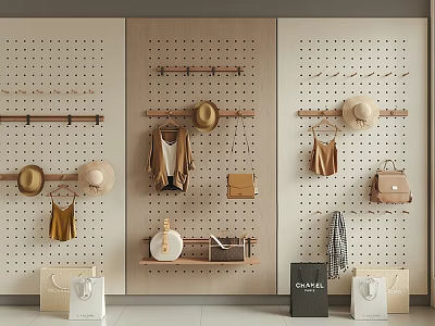 Minimalist Modern Wall Decor With Pegboard Hanging Rods Hats Coats Bags And Shelves 3d model