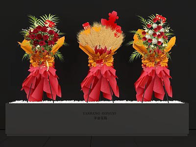 Decorative Ornament Set with Red Flower Bouquets Wheat Ears and Fortune Bucket Base 3d model