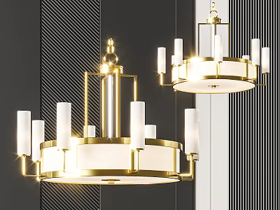 Modern Gold Chandeliers With White Shades In Striped Wall Interior Setting 3d model