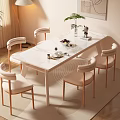 Modern Dining Table Set With Six Chairs White Tabletop Wooden Legs And Beige Cushions
