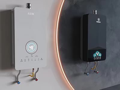 Modern Wall Mounted Kitchen Water Heaters With Digital Displays And Pipes 3d model