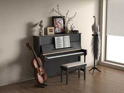 Black Piano and Cello with Music Sheets Stool and Decorative Items in Wooden Floor Room 3d model