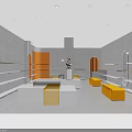 Modern Store Interior With Orange White Gray Decor Display Shelves Seating And Lighting