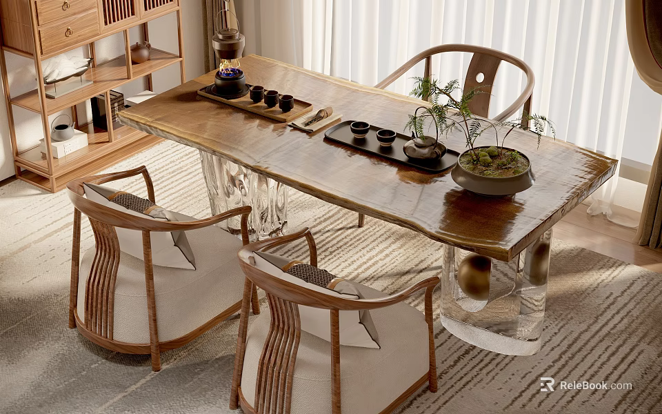 Cozy Tea Space Featuring Wooden Tea Table Chairs Tea Sets Potted Plants Bookshelf And Carpet 3d model 