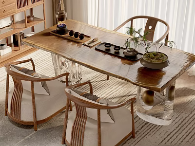 Cozy Tea Space Featuring Wooden Tea Table Chairs Tea Sets Potted Plants Bookshelf And Carpet 3d model