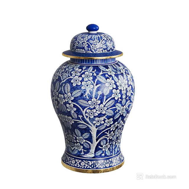 Blue And White Ceramic Vessel With Floral Tree Patterns Gold Trim And Blue Lid Design 3d model 