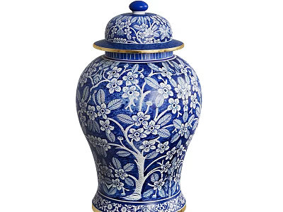 Blue And White Ceramic Vessel With Floral Tree Patterns Gold Trim And Blue Lid Design 3d model