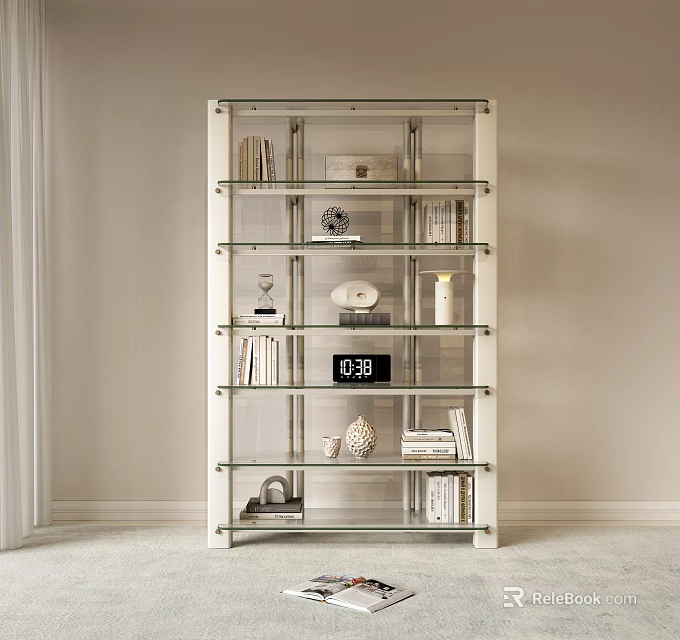 Modern Layered Glass Shelf Bookcase With Metal Frame Books And Decorations 3d model 