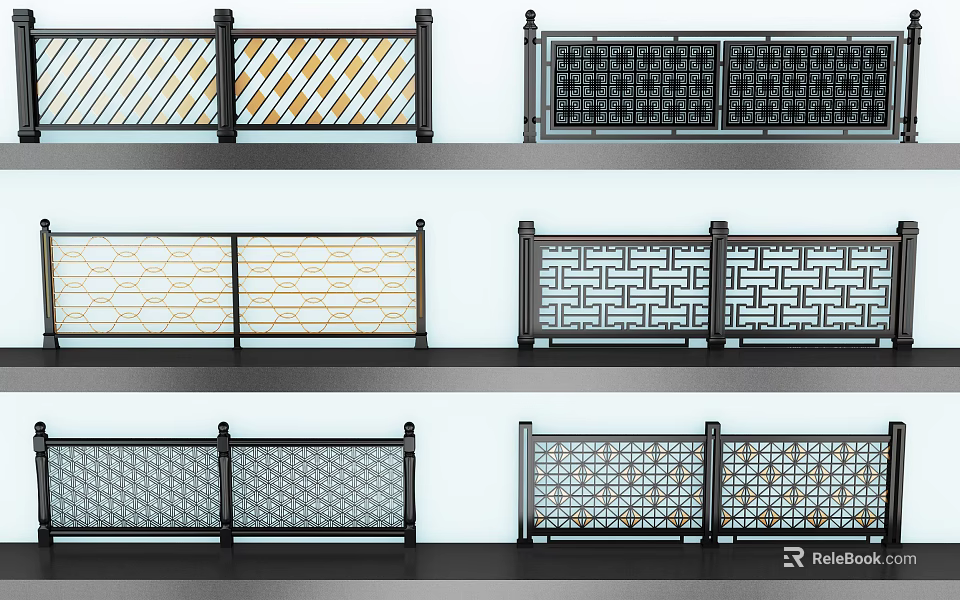 Various Patterned Metal Fence Designs With Black And White Color Options 3d model 