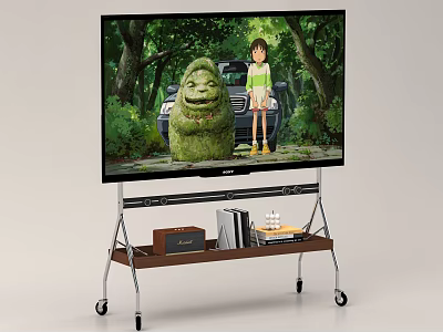 TV Displaying Animated Scene With Green Character And Girl On Rolling Stand With Storage 3d model