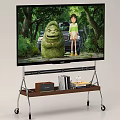 TV Displaying Animated Scene With Green Character And Girl On Rolling Stand With Storage