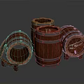 Vintage Wooden Barrels With Metal Hoops And Open Lids Arrangement Design