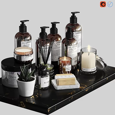Essential Daily Cleaning Products with Hand Wash Soap Candles Fragrance Sticks on Black Marble Tray 3d model