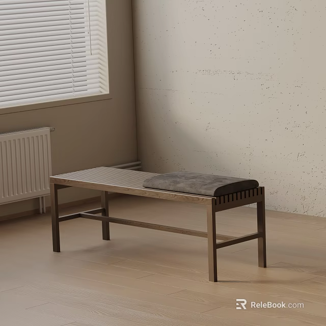 Wooden Bench With Gray Cushion In Room Corner Light Wall And Wooden Floor 3d model 