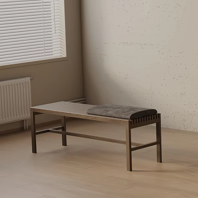 Wooden Bench With Gray Cushion In Room Corner Light Wall And Wooden Floor 3d model