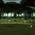 Forest Landscape Sculpture With Giant Trees Vines Lush Vegetation And Glowing Light
