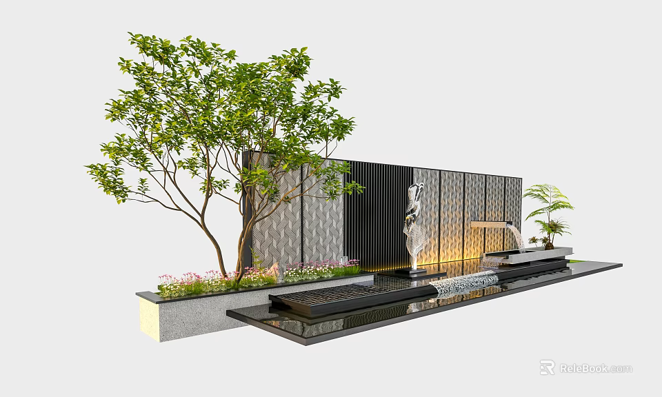 Modern Landscape Feature Wall With Green Tree Water Feature Sculpture And Plants 3d model 