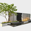 Modern Landscape Feature Wall With Green Tree Water Feature Sculpture And Plants